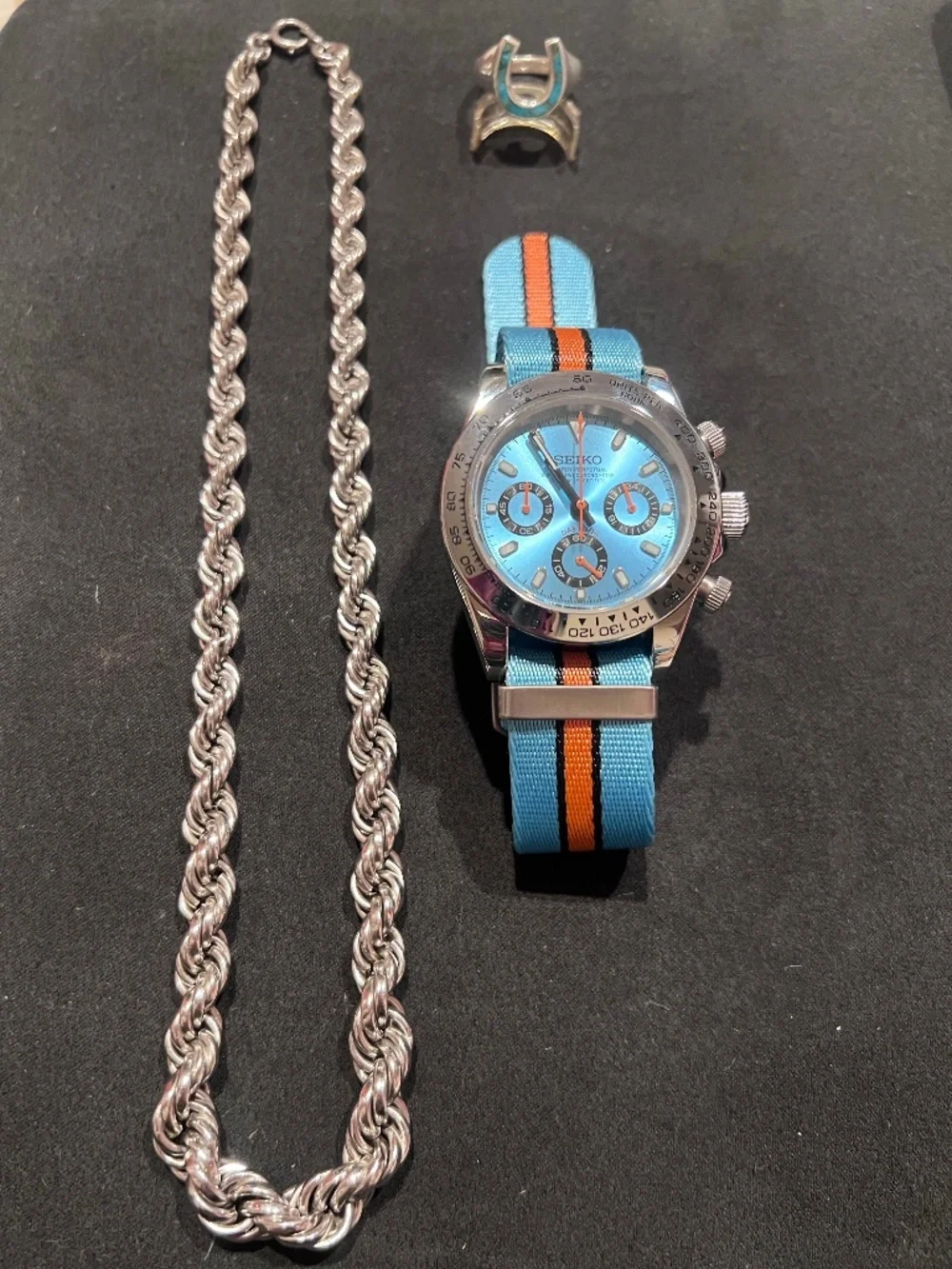 Seiko Watch Mod Daytona 925 Silver Rope Necklace Chain 925 Turquoise Stone Ring